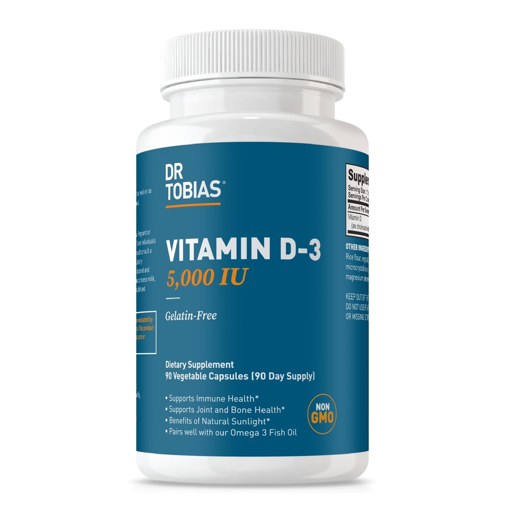 Dr. Tobias Vitamina D3 5000 UI, Esencial para Huesos Saludables, Dientes y Sistema Inmunitario, Suplemento de Vitamina D Extra Fuerza, No GMO, 90 Cápsulas, 90 Actuaciones
