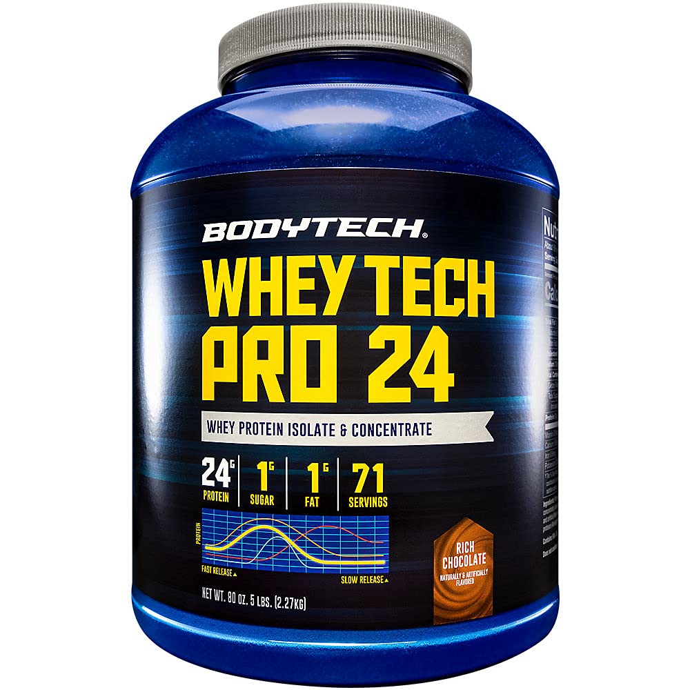 BODYTECH Whey Tech Pro24 Protein Powder - Rich Chocolate Flavor for Muscle Growth and Recovery, Proporcionando 24g de Protein Por Serving for Optimal Fitness and Performance (5 libras / 71 Servings)