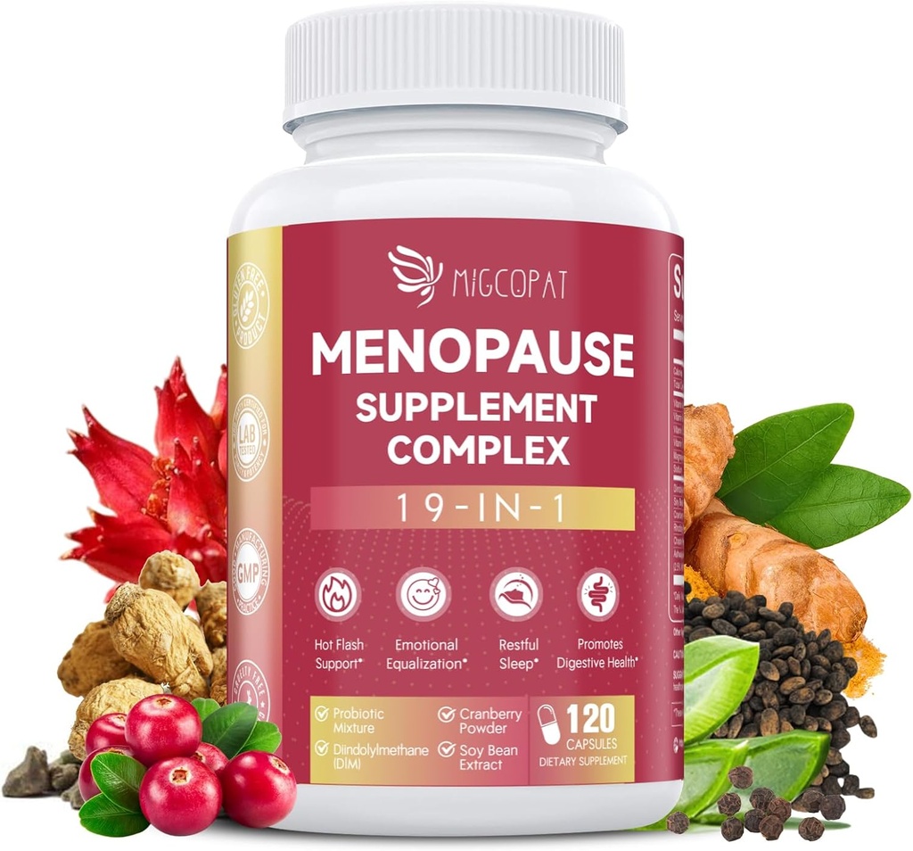 Suplementos de la menopausia para las mujeres, 10 millones de francos CFU Probiótico, 19-in-1 Multivitamin reducidaAshwagandha Extracto, DIM, Saldo hormonal, Soporte Flashes calientes, Suelos nocturnos, Mood, sueño permanenteVegan, 120 cápsulas
