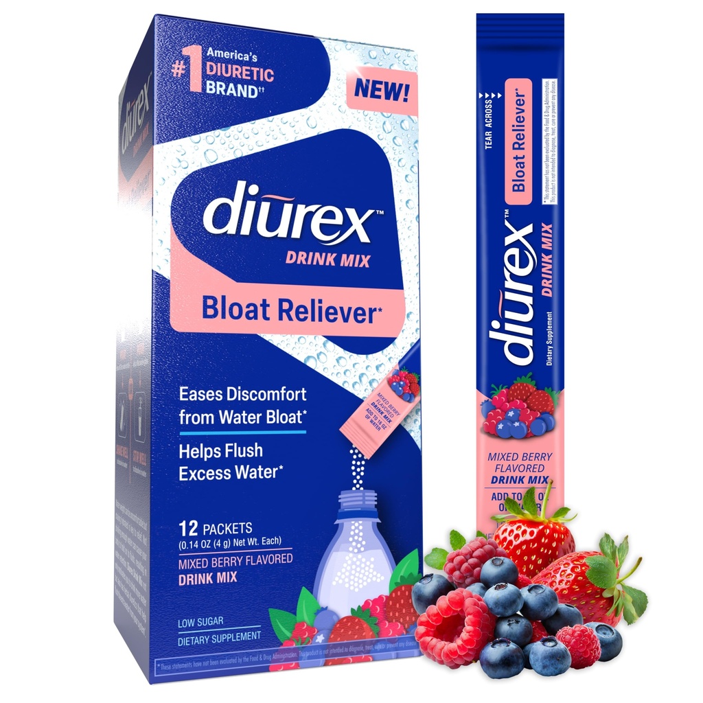 Diurex Drink Mix - Suplemento Diurético - Brory Flavor mixto - Bloat Relief with Diurex Proprietary Bloat-Relieving Blend - Single Serve - 12 Pack