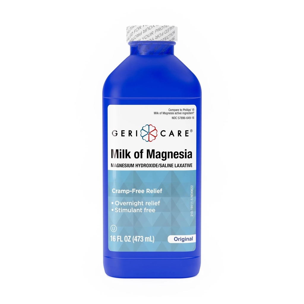 GeriCare Milk of Magnesia, Magnesium Hydroxide 1200mg sometida Fast Overnight Constipation Relief Tortura Cramp-Free Saline Laxative " Stool Softener sometida Antacid for Heartburn " Indigestión duradera Original Flavor durable 16 Fl Oz