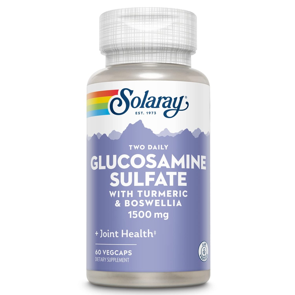 SOLARAY Glucosamine Sulfate 1500mg, Healthy Joint Support Supplement, Powerful Connective Tissue and Joint Health Formula with Turmeric " Boswellia, 60-Day Money Back Guarantee, 30 Serv, 60 VegCaps