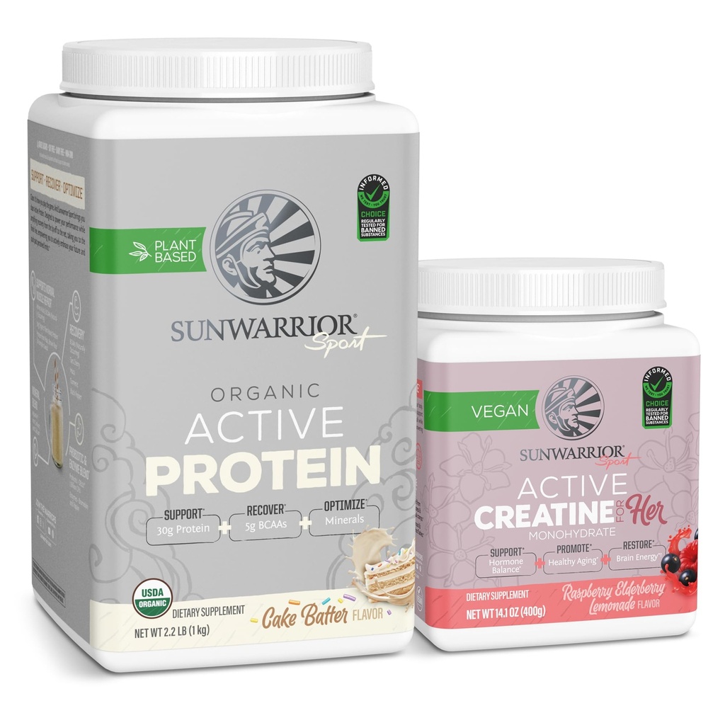 Sunwarrior Vegan Protein Powder USDA Orgánica Silencio 20 Servings, Cake Batter Flavored &amp; Creatine Monohydrate Powder for Her ← Micronized 50 Servings, Raspberry Lemonade Flavored