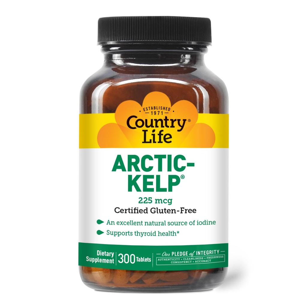 Country Life Arctic-Kelp – Natural Iodine Supplement for Thyroid and Immune Support – Vegan, Gluten-Free, 225 mcg – Ideal para la salud tiroidea, el hipotiroidismo y el soporte arenal, 300 Tablets