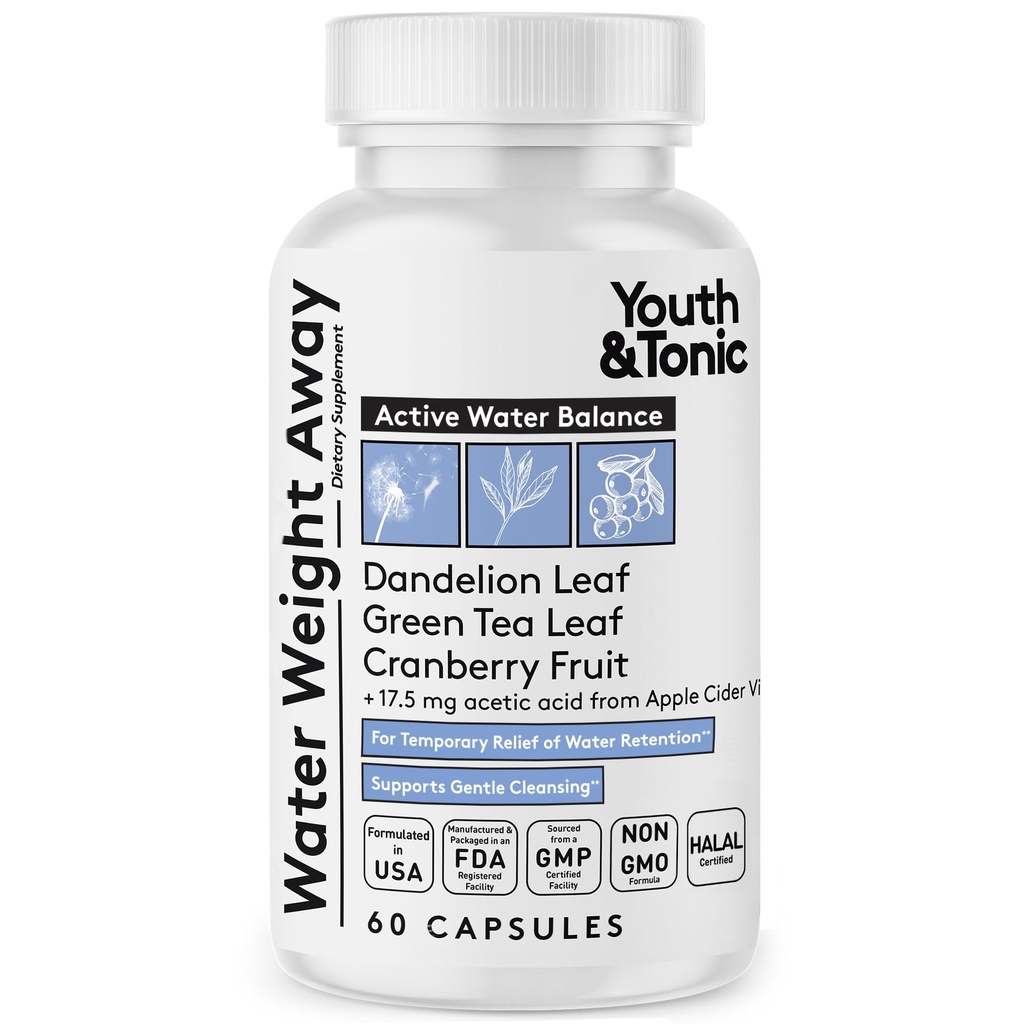 Jóvenes " Tonic Natural Water Weight Away – Herbal Diuretic Pills for Bloating, Water Retention " Swelling Support for Women " Men - 60 Caps with Dandelion, Potassium, Green Tea &amp; Apple Cider Vinegar