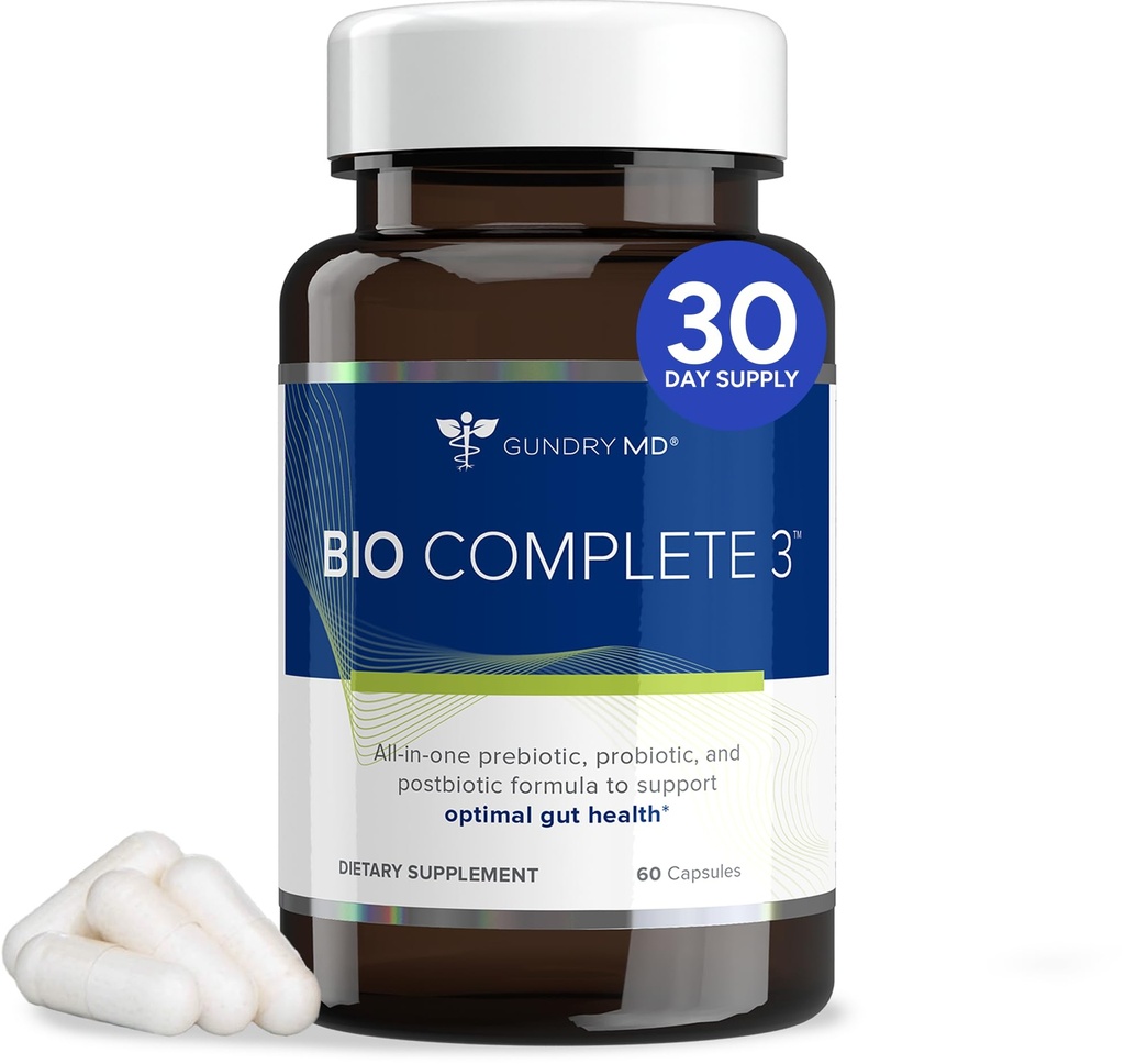 Gundry MD® Bio Complete 3, 3-in-1 Probióticos para Gut Health, Suplementos Probióticos para la Digestión, Apoyo Suplementario Bloating, Gas, Ahorros de Alimentos, Niveles de Energía, Esquí y Focus, 30 Day Supply