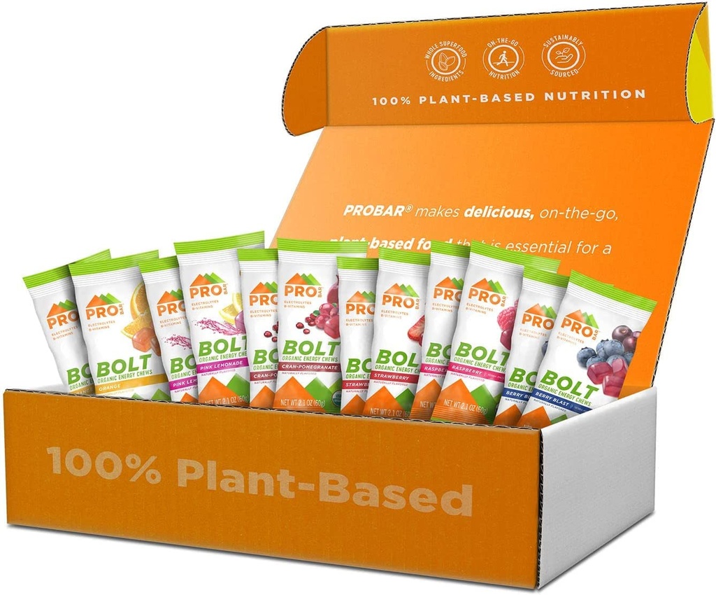 PROBAR - BOLT Organic Energy Chews, Variety Pack, Strawberry, Berry Blast, Orange, Raspberry, Pink Lemonade, Cranberry Pomegranate - Gluten-Free, USDA Certified Organic (12 Conde) - Sabores May Vary