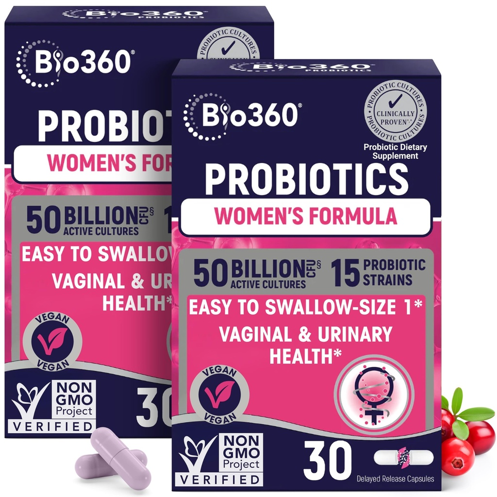 Bio360 Probiotics for Women Vaginigal Health - Supports pH Balance, Vaginal, Urinary, " Digestive Health - 50 Billion CFU " 15 Unique Strains for Healthy Vaginal Odor " Vaginal Flora - Shelf Stable