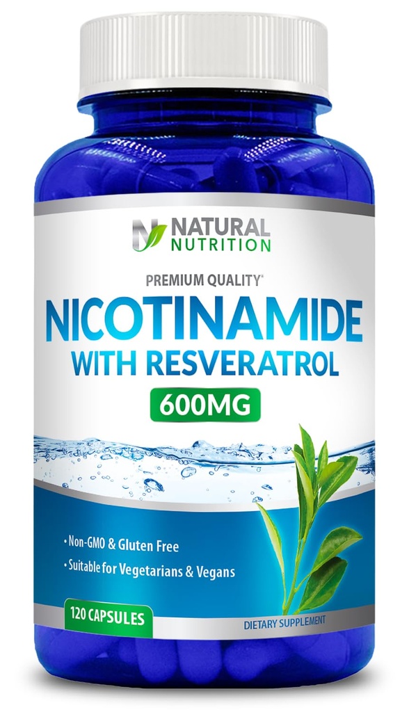 Genérico de vitamina natural Nicotinamida con Resveratrol 600mg (Vitamin B-3) 120 cápsulas vegetales Gluten Gratis