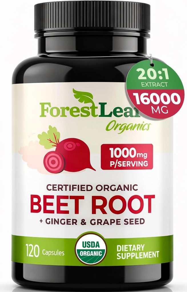 ForestLeaf Organic Beet Root Capsules - Beetroot Supplement 16000mg Strength 20:1 Extract Pills w/Ginger Grape Seed  durable Support Blood Pressure, Nitric Oxide, Flow, Circulation ¦ Beets Powder - 120 Caps