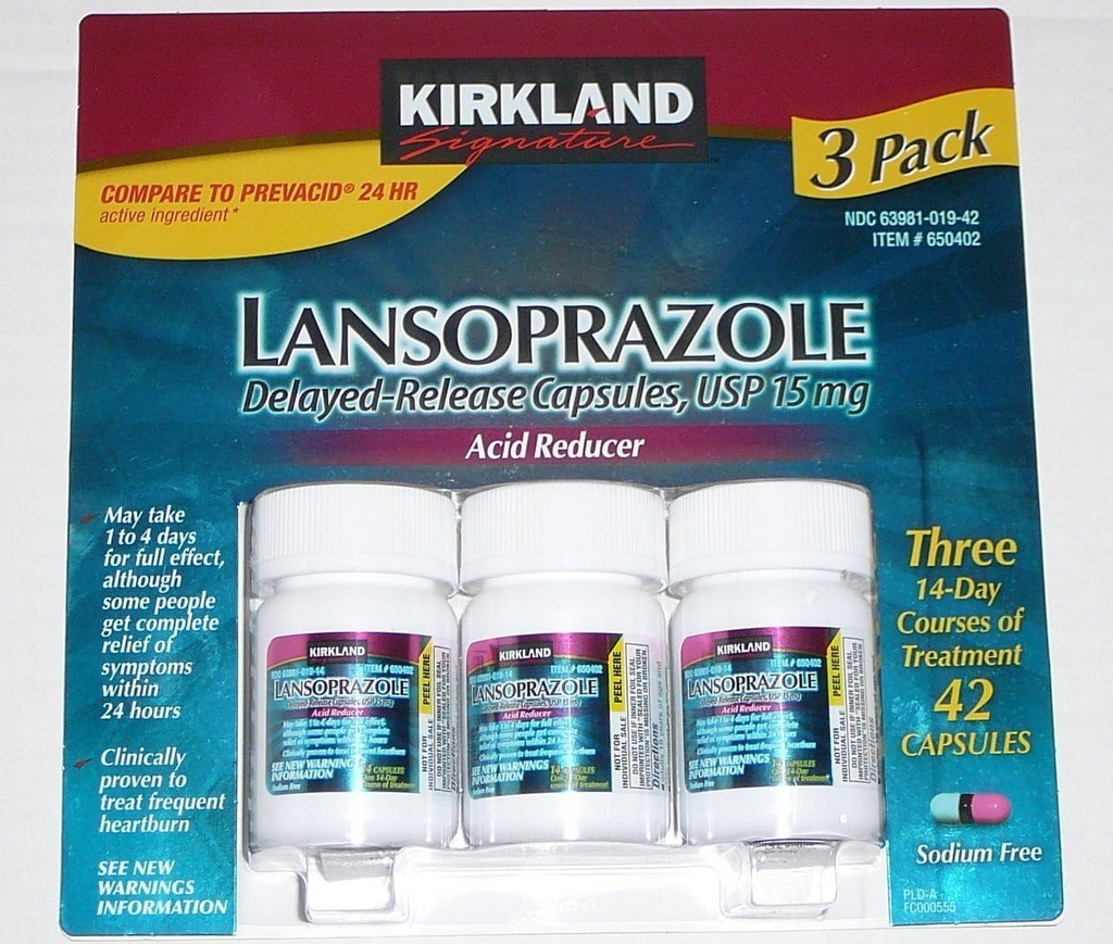 Kirkland Signature Lansoprazole 15 mg. Reductor de ácido, 42 cápsulas
