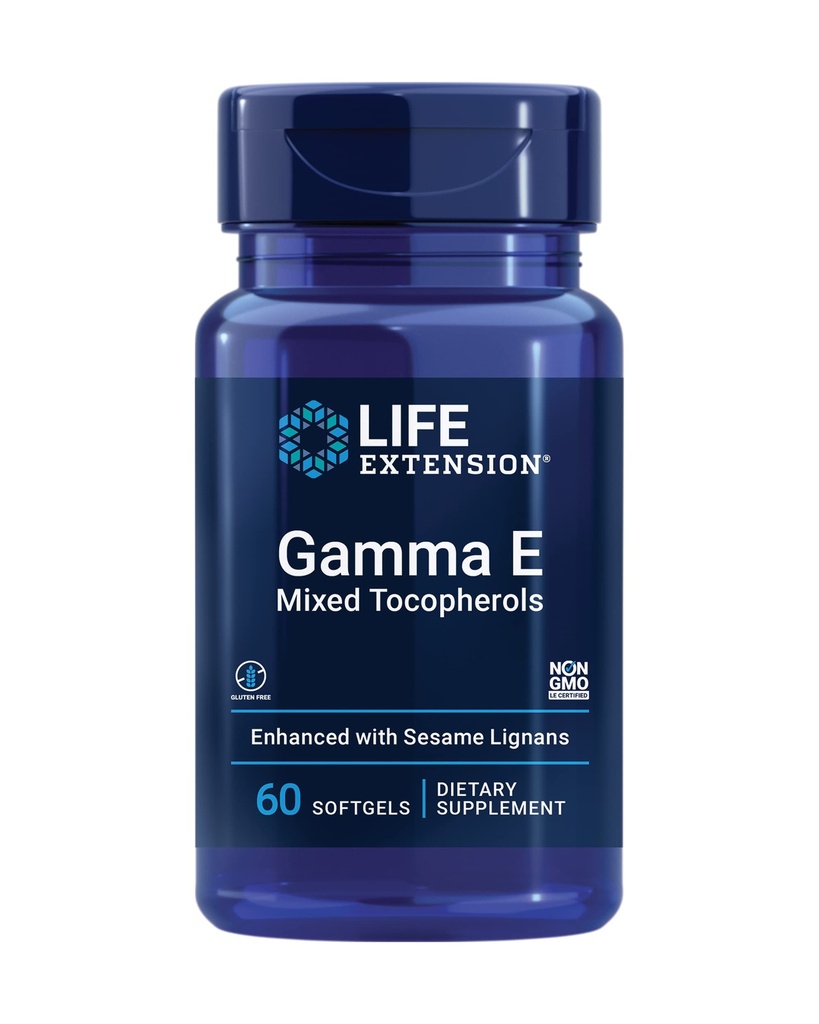 Extensión de vida Gamma E Tocopherols mixed, envejecimiento saludable, suplemento de vitamina E, mejorado con lignanos sésamo, libre de gluten, no GMO, 60 softgels