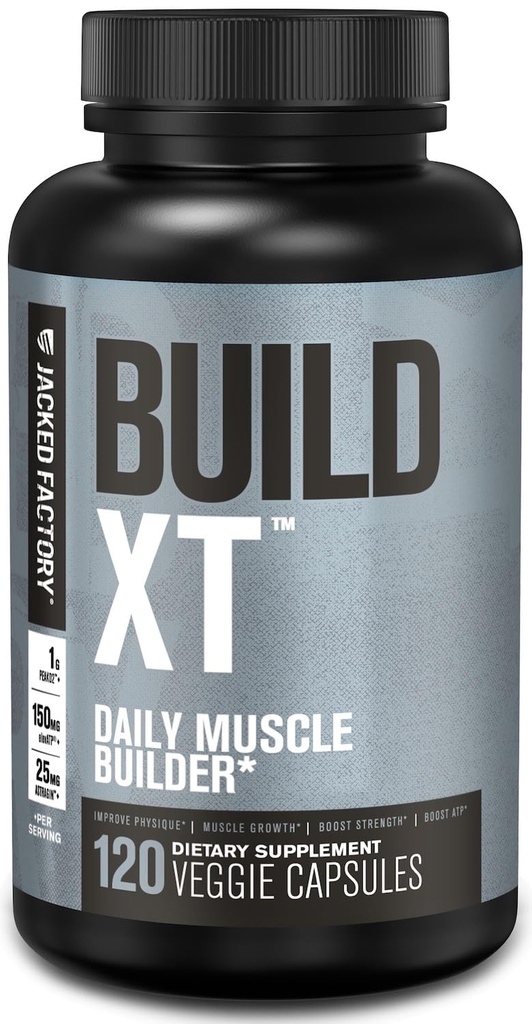 Jacked Factory Build-XT Daily Muscle Builder & Performance Enhancer - Muscle Building Supplement for Muscular Strength ' Growth ← Ingredientes destacados Peak02, ElevATP, & Astragin - 120 Veggie Pills