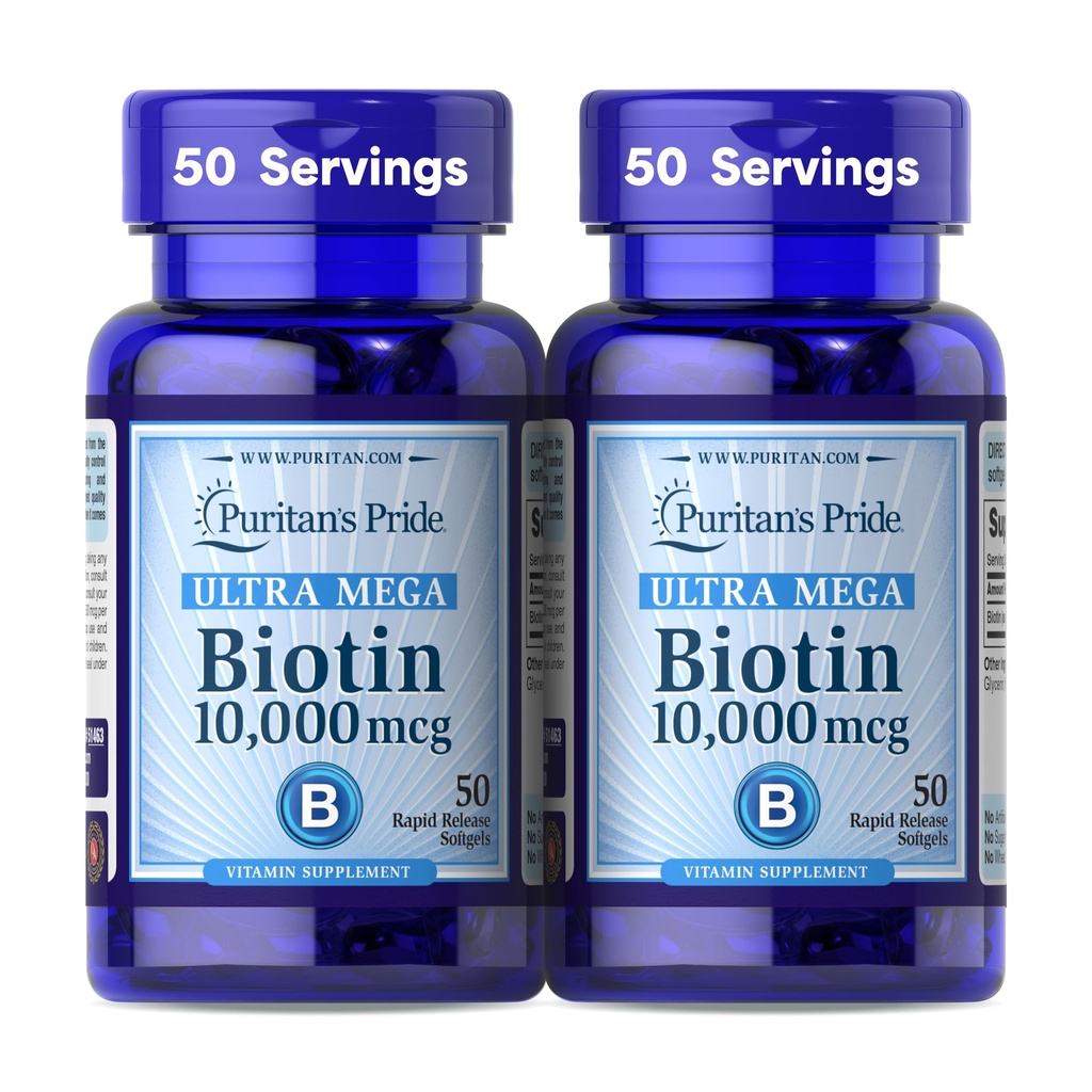 Puritan's Pride Premium Ultra Mega Biotin 10,000mcg, Suplemento dietético para el cabello saludable, la piel, las uñas y la energía Metabolismo Support, 100 Day Supply, 50 Rapid Release Softgels, 2 Pack