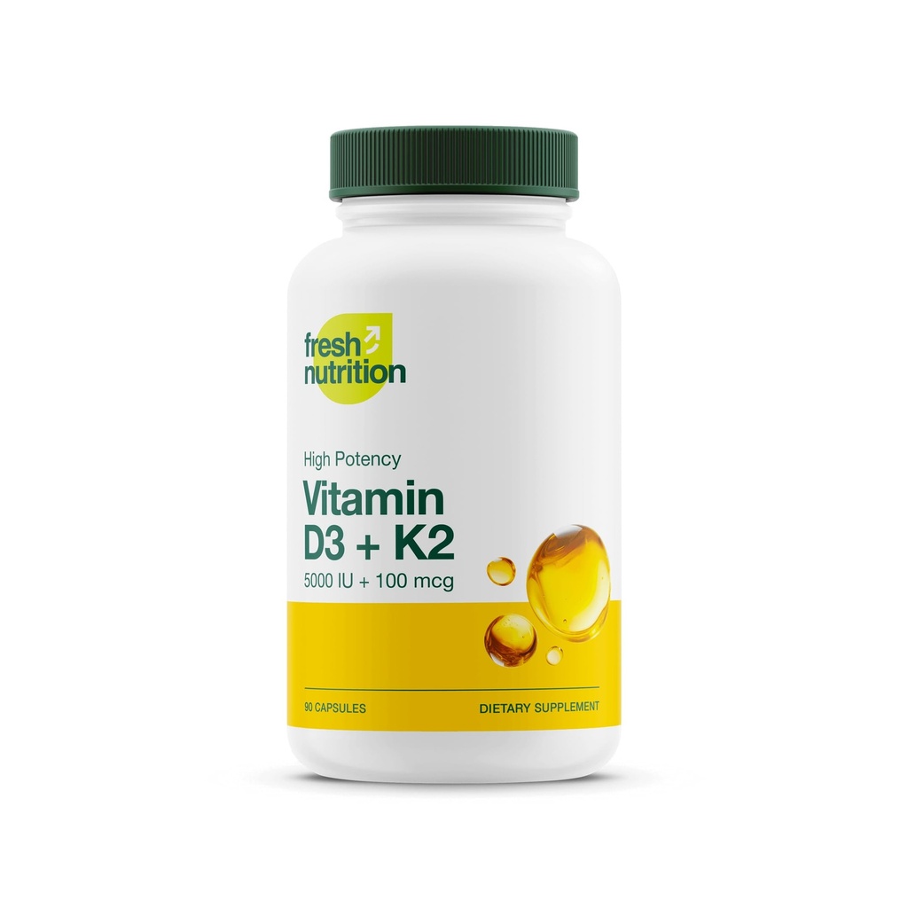 Nutrición fresca Vitamina Vegana D3 + Cápsulas K2 - 5000 UI D3 + 100mcg K2 como MK-7 para la absorción óptima - Salud inmune, salud ósea, mood - no GMO - 90 cápsulas, 3 meses de suministro
