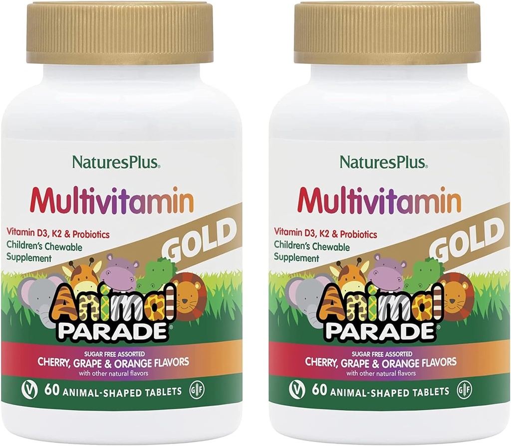 NaturesPlus Animal Parade Gold Children's Multivitamin - Cereza surtida, Orange &amp; Grape Flavors - 60 Chewable Tablets, Pack de 2 - Vegetariano, Gluten Gratis - 60 Total Servings