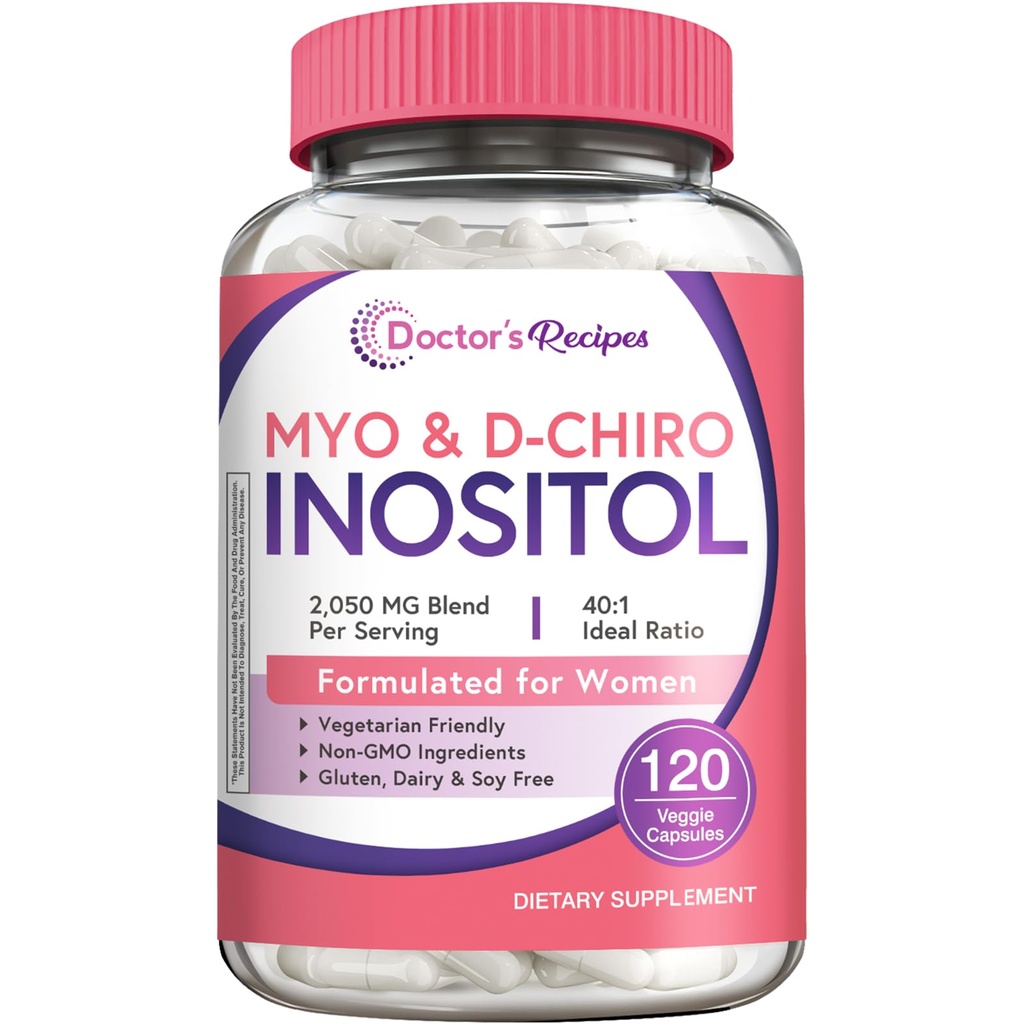 Recetas del médico Suplemento de Inositol, Myo-Inositol & D-Chiro Inositol Capsules 2050mg por ser, Ideal 40:1 Blend, Saldo hormonal para las mujeres, Función Ovárica " Apoyo a la fertilidad, 120 caps. Vegan