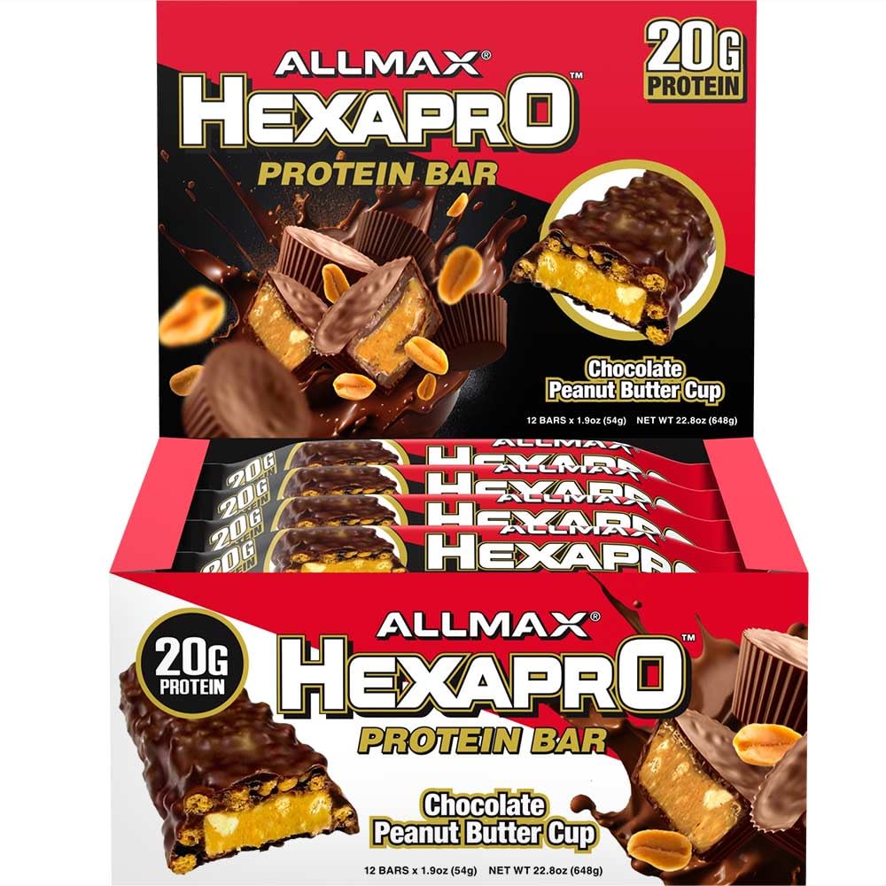 ALLMAX HEXAPRO PROTEIN BAR, Chocolate Peanut Butter Cup - Pack of 12 - High-Protein Energy Snack - 20 g de Protein Per Bar - Con Whey Protein Isolate