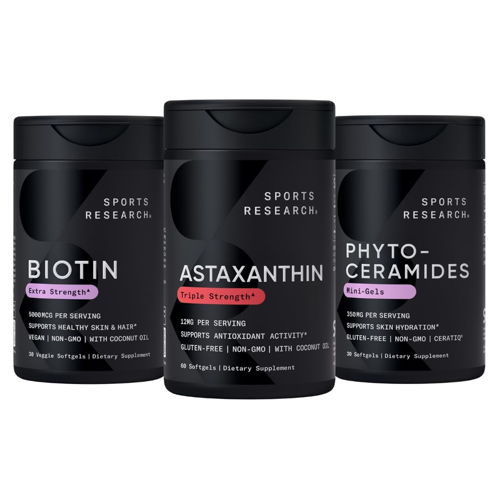 Sports Research® Healthy Skin and Hair Support - Vegan Biotin 10,000mcg with Coconut Oil, Triple Strength Astaxanthin 12mg, and Phytoceramides 350mg per Softgel · No GMO · Vegan · Sin gluten