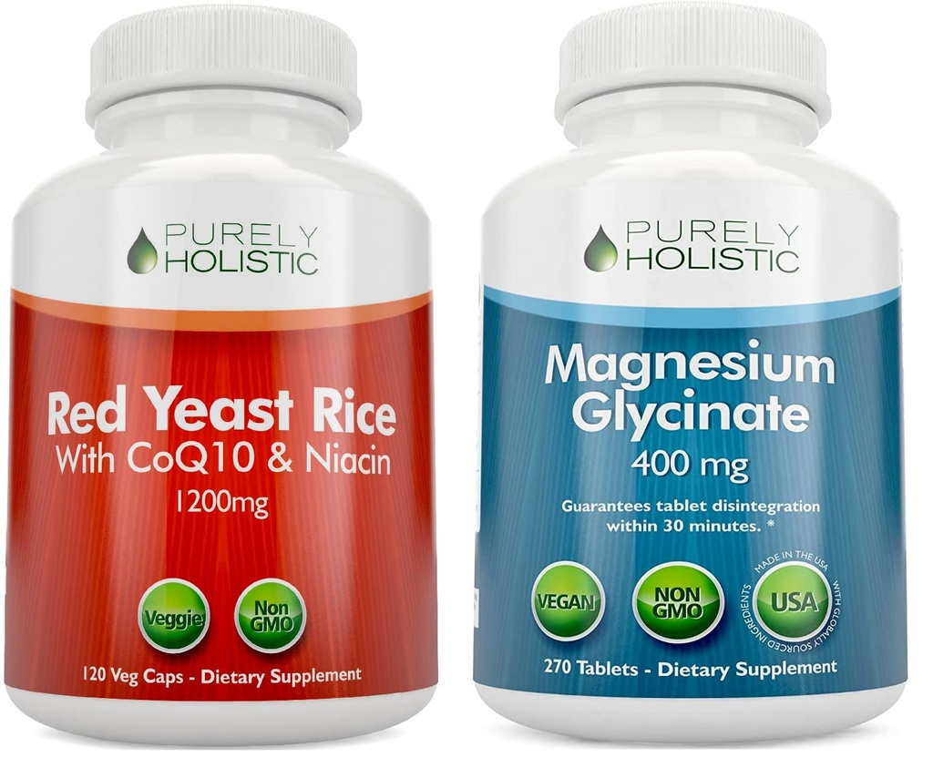 Puramente Holístico Rojo Levadura Rice 1200mg con CoQ10 & Niacina + Magnesio Glycinate 400mg - 120 Capsules + 270 Tabletas - Hecho en EE.UU.