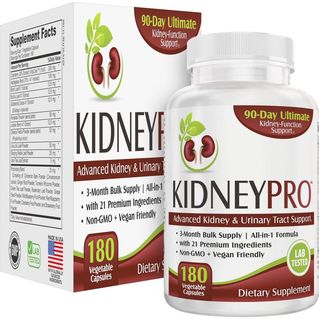 Kidney-PRO ← Suministro de 3 meses con 21 Suplementos de salud para el riñón Ø All-in-1 Blend Ø Kidneys &amp; Urinary Tract Support Suplemento tención 90-Day Bulk Supply