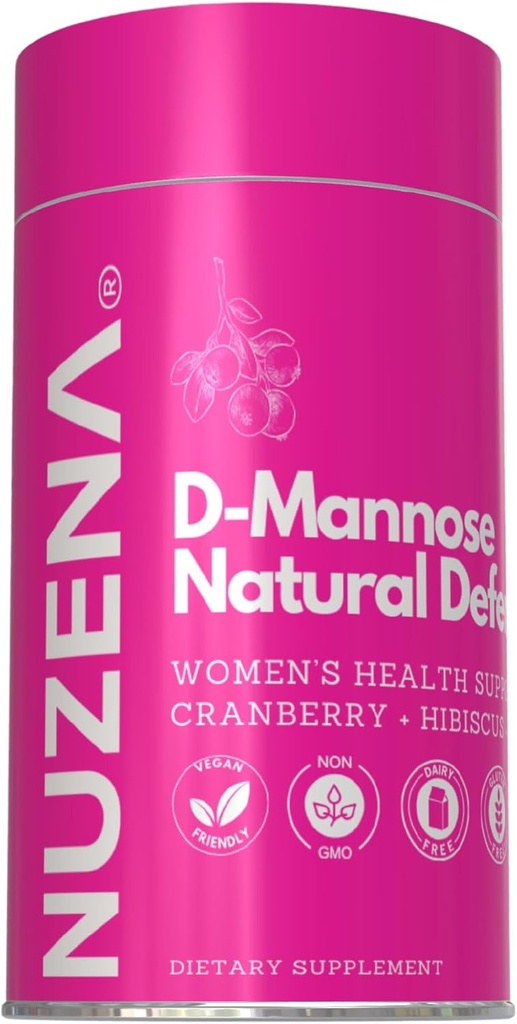 Nuzena D-Mannose + 1000mg con Cranberry 150mg, Pack de 60 Natural Defense Urinary Tract Support Capsules with Hibiscus Flower 100mg and Dandelion Root 100mg Por Serving of 2 Capsules