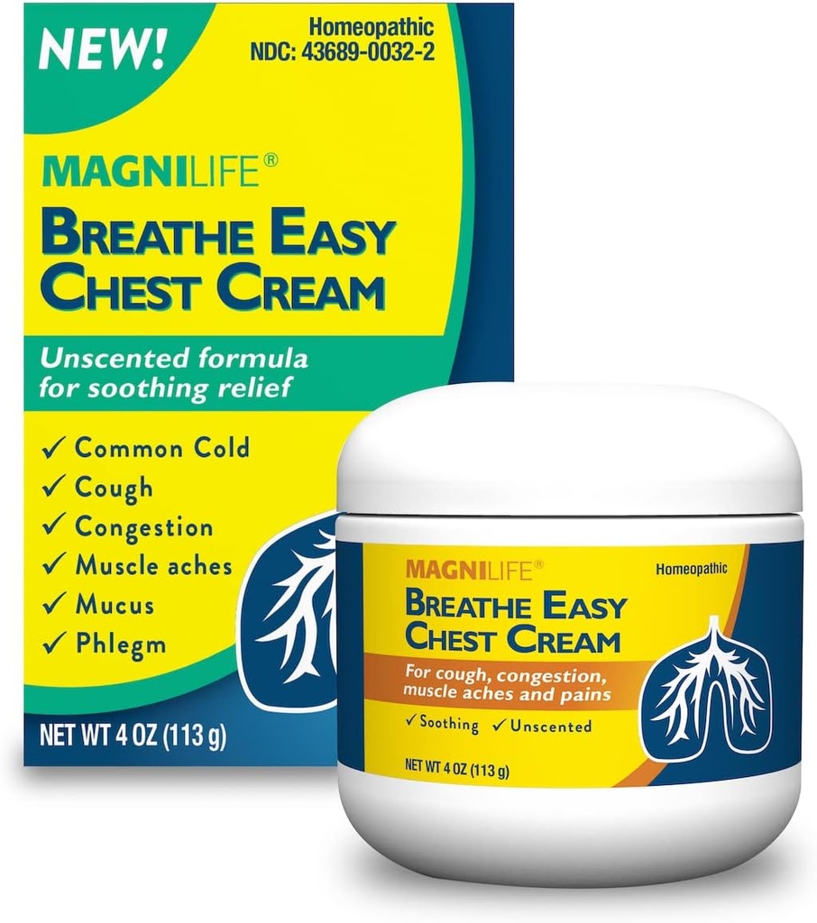 Crema de pecho de MagniLife fácil de pecho, 4 oz, Crema de alivio de la tos &amp; muscular de dolor para adultos, Rub de pecho para la remoción de moco y Alivio de la congestión nasal, natural tópico, no centrado
