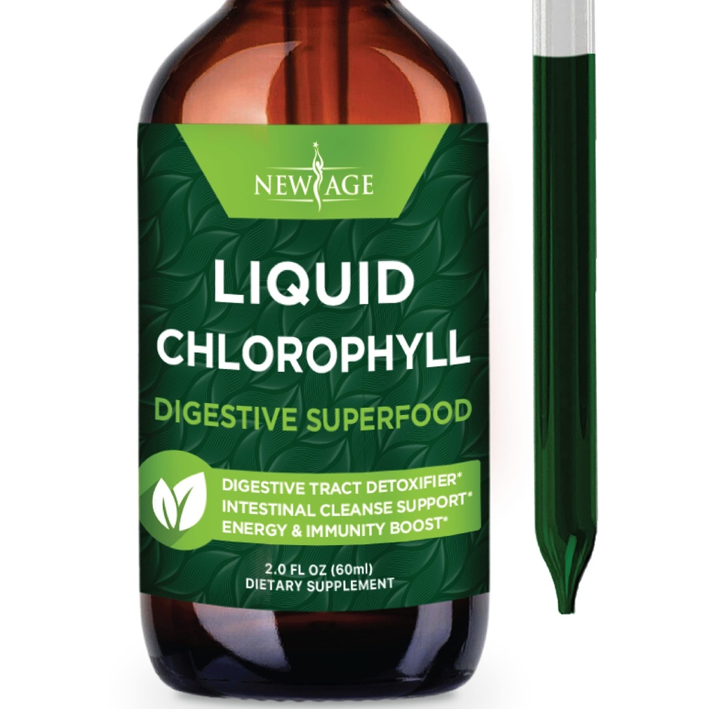 NUEVO AGE Chlorophyll Liquid Drops - Concentrado natural – Energy Booster, Digestion and Immune System Supports, Desodorante interno, Función del hígado - (2 Fl Oz (Pack of 1))