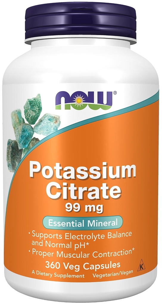 AHORA Alimentos, Citrato de potasio 99 mg, soporta equilibrio electrolito y pH normal*, Mineral esencial, cápsulas de 360 tazas