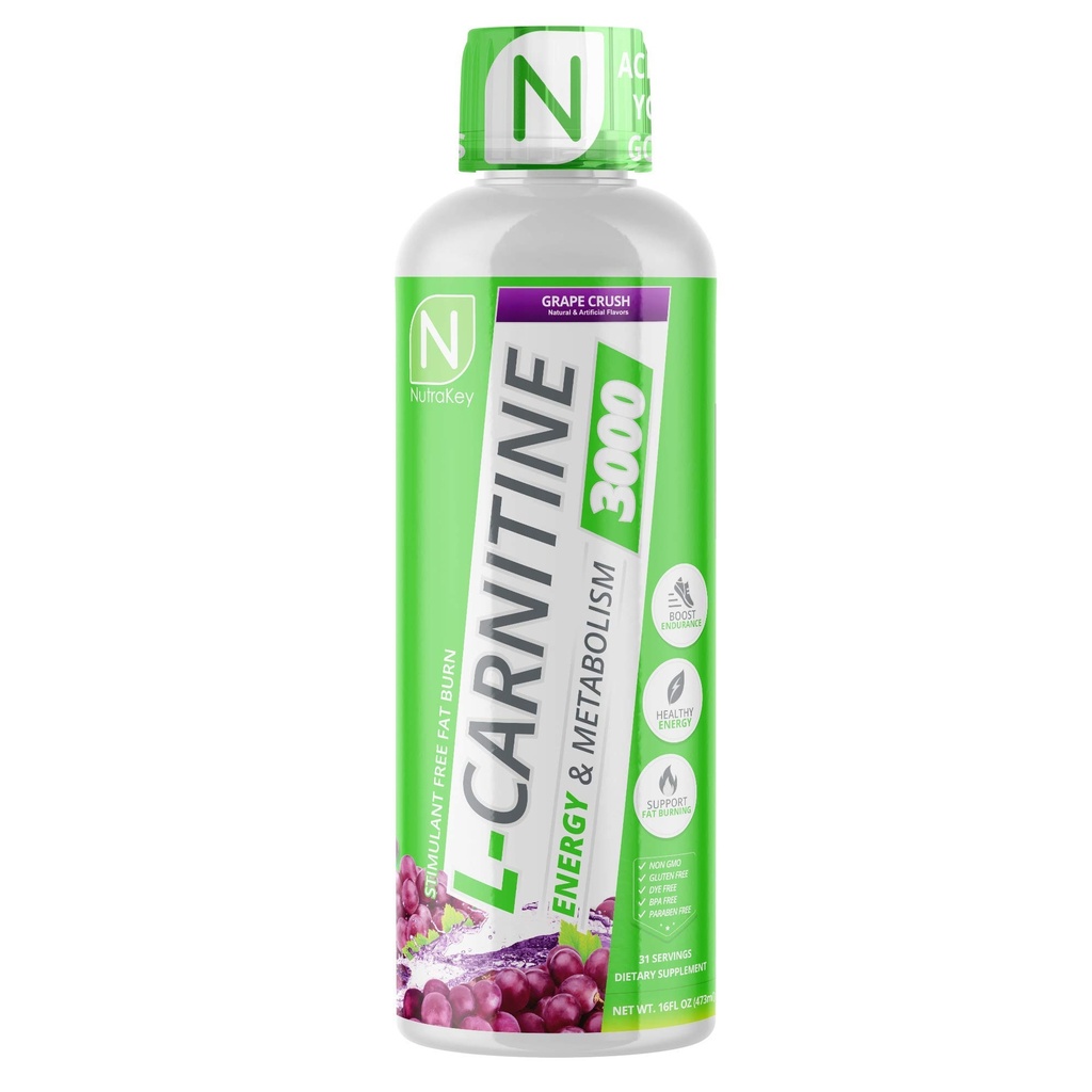 NutraKey L-Carnitine 3000mg, No Sugar, Gluten Free, Turn Into Fuel, (Grape Crush) 31 Servimientos