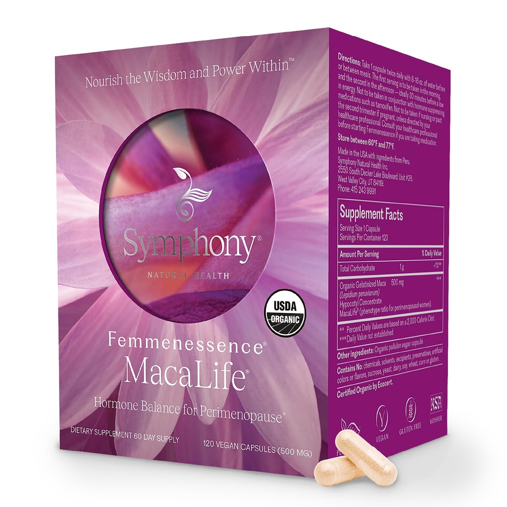 Femmenessence® MacaLife® – Suplemento Perimenopausal de Probada Clínica para Equilibrio de Hormonas Naturales, Alivio de Síntomas, Apoyo al Corazón " , Sin Hormonas Añadidos (120 cápsulas, 60 días de suministro)