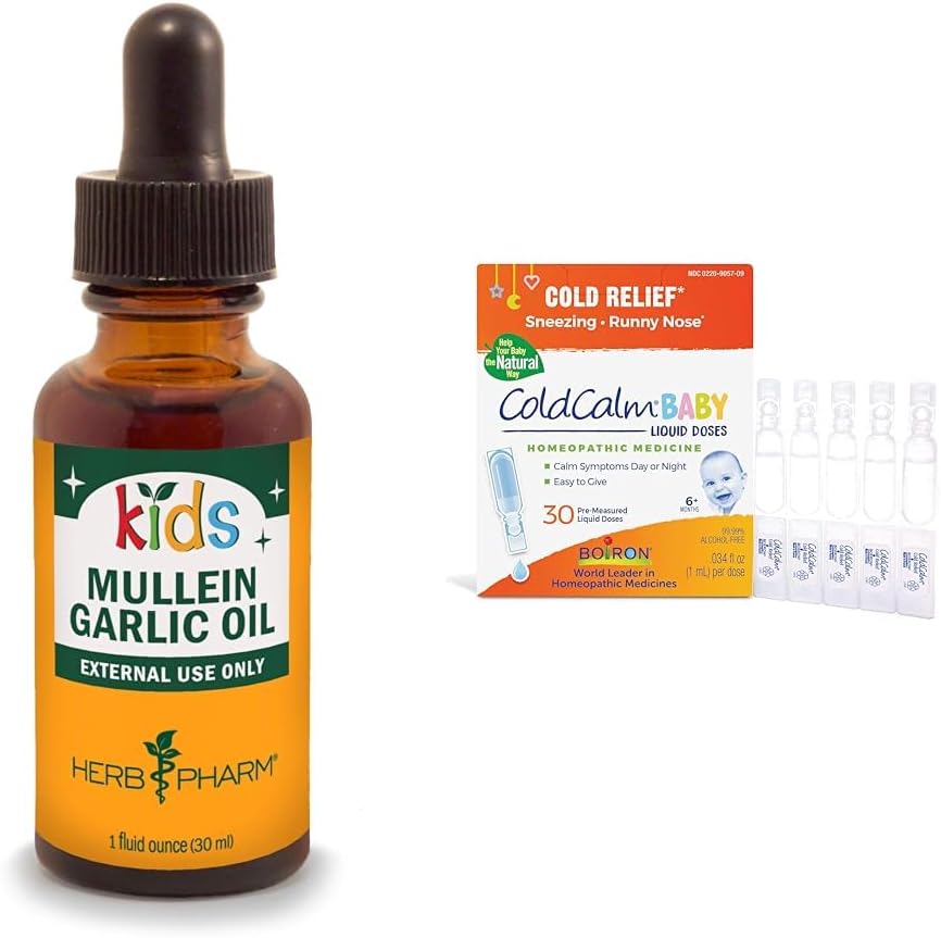 Herb Pharm Kids Mullein Aceite de ajo y Boiron ColdCalm Baby Drops for Cold Symptoms Relief, 1 Fl Oz y 30 Count