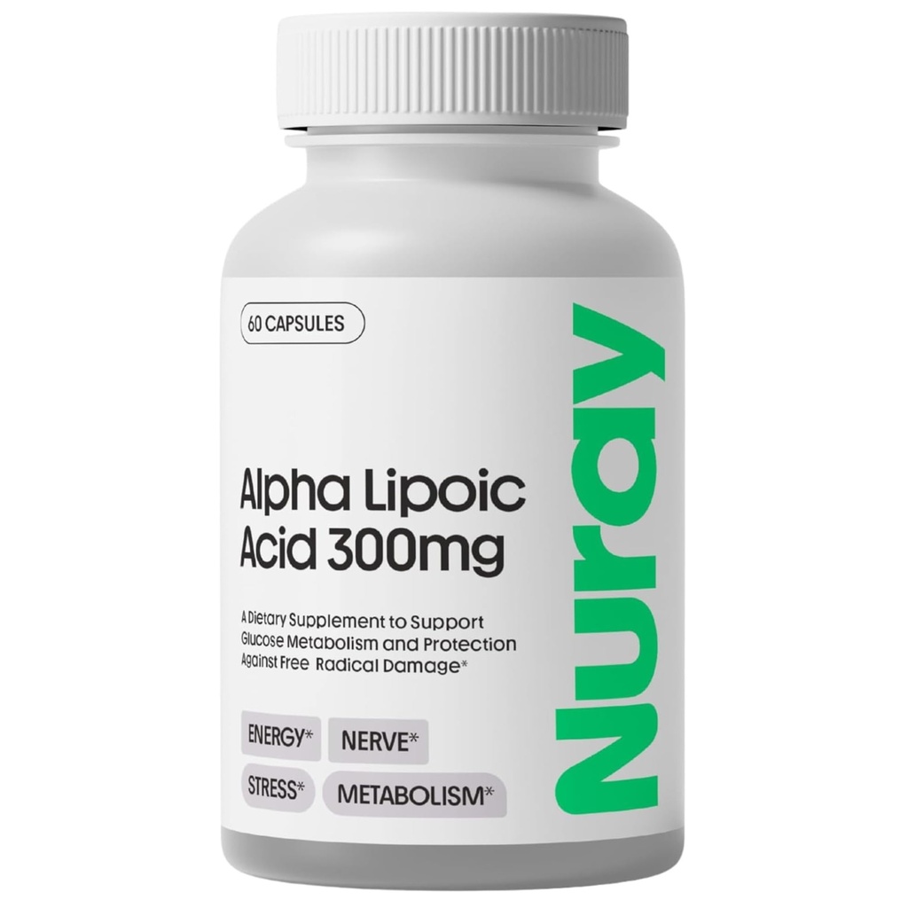 Nuray Alpha Lipoic Acid 300mg - Suplemento Antioxidante para el envejecimiento saludable, apoya la producción de energía, función adecuada del nervio, metabolismo - 60 cápsulas vegetarianas, suplemento dietético libre de gluten