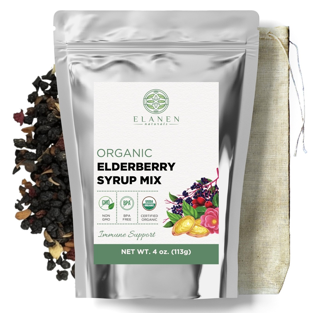 Elanen Naturals Organic Elderberry Syrup Kit, Conforma hasta 24 oz, Incluye bolsa de algodón natural, USDA Certified Organic Dried Elderberries and Immune Support Herbs, Bulk Kit, 4 oz. (113g)