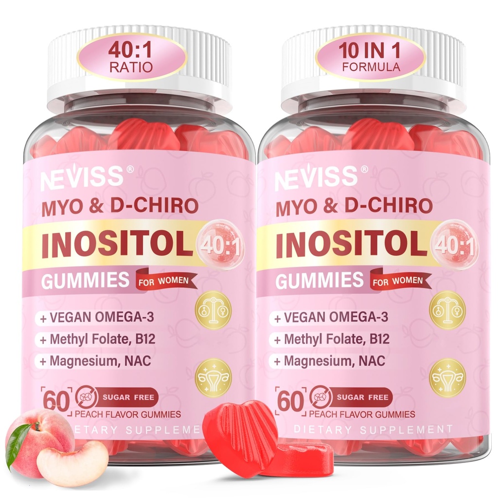 Myo-Inositol & D-Chiro Inositol Gummies for Women 2000mg + 50mg, 40:1 Ratio Inositol with Vegan Omega-3 + D3, Magnesium Glycinate, Methyl Folate + B12 for Female Health &amp; Wellness, Sugar Free, 120 Cts