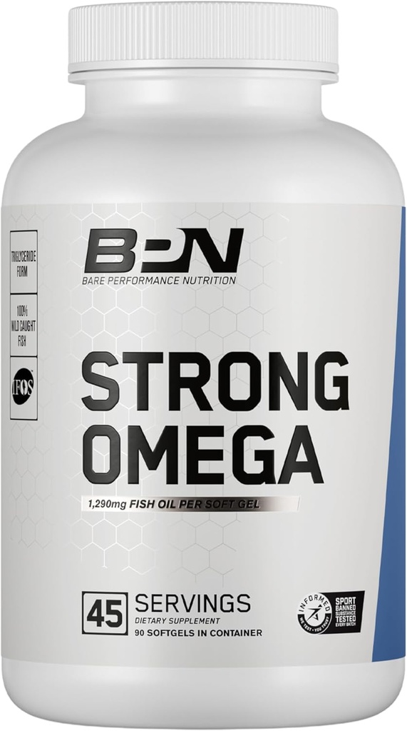 BARE PERFORMANCE NUTRITION, BPN Strong Omega Fish Oil Soft Gel, 1290mg Fish Oil per Capsule, Wild Caught Fish, Sustentably Sourced, IFOS Certified