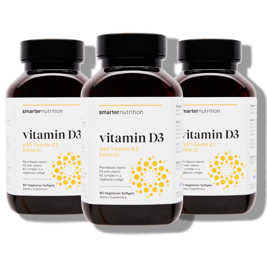 SMARTERNUTRITION Vegan Vitamina D3 5000 UI + Vitamina Natural K2 1100 mcg en Coco orgánico &amp; Aceite de Oliva - D3 K2 Suplemento para Immune &amp; Bone Support - 180 Softgels[90 Day Supply]