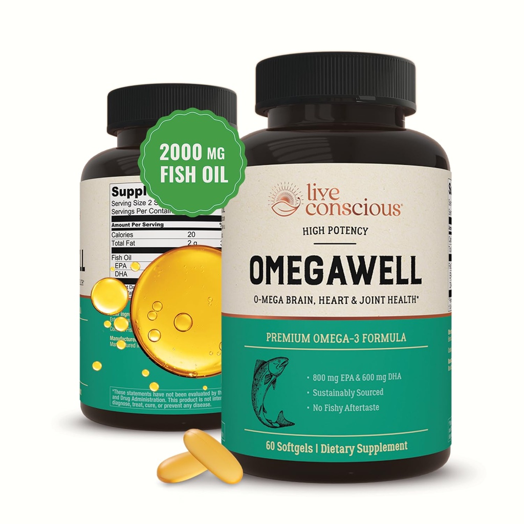 Conscious OmegaWell Omega 3 Fish Oil - 2000mg cápsulas: Heart, Brain, & Joint Support - 800 mg EPA 600 mg DHA - Fuente sostenible - Softgels - 30 Day Supply