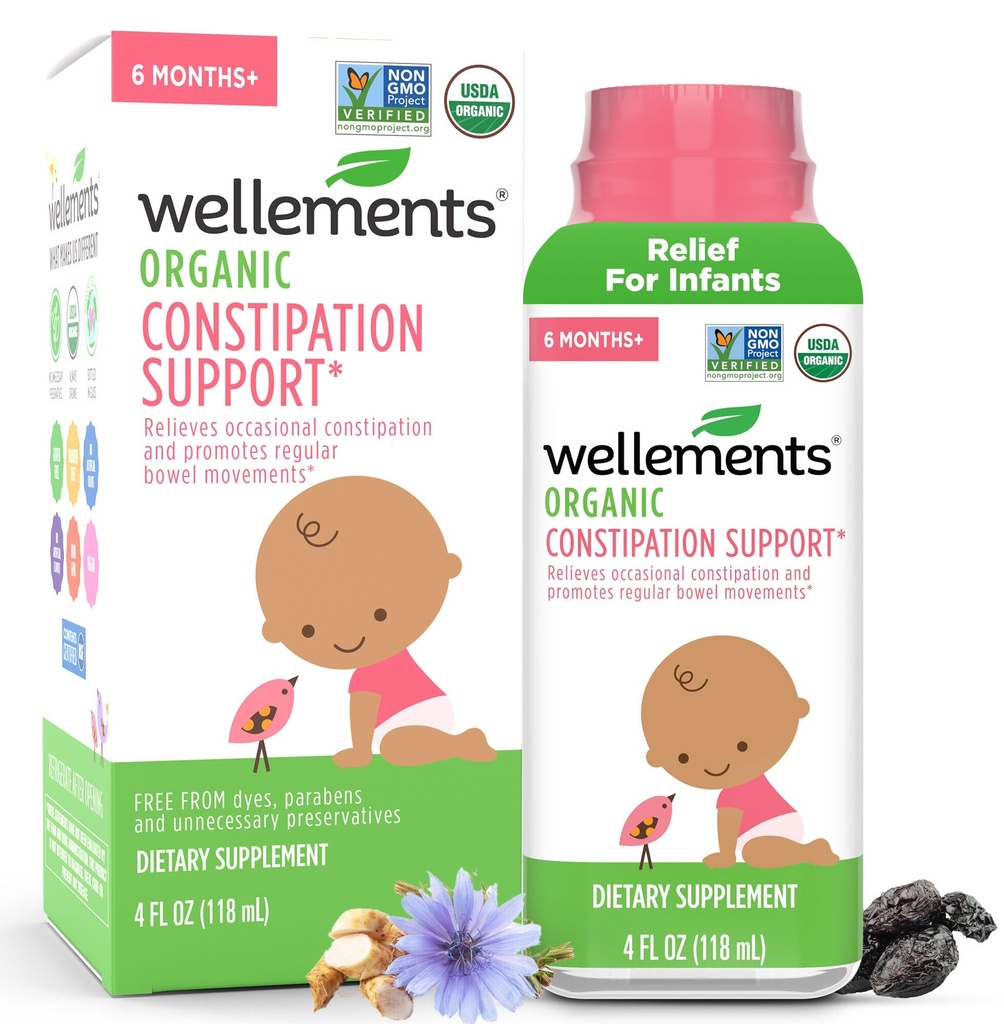 Wellements Organic Constipation Support for 6 Month+ Babies & Toddlers (4 Fl Oz) Silencio USDA Certified & Gentle Constipation Relief* for Infants with No Harsh Laxatives with Dispenser