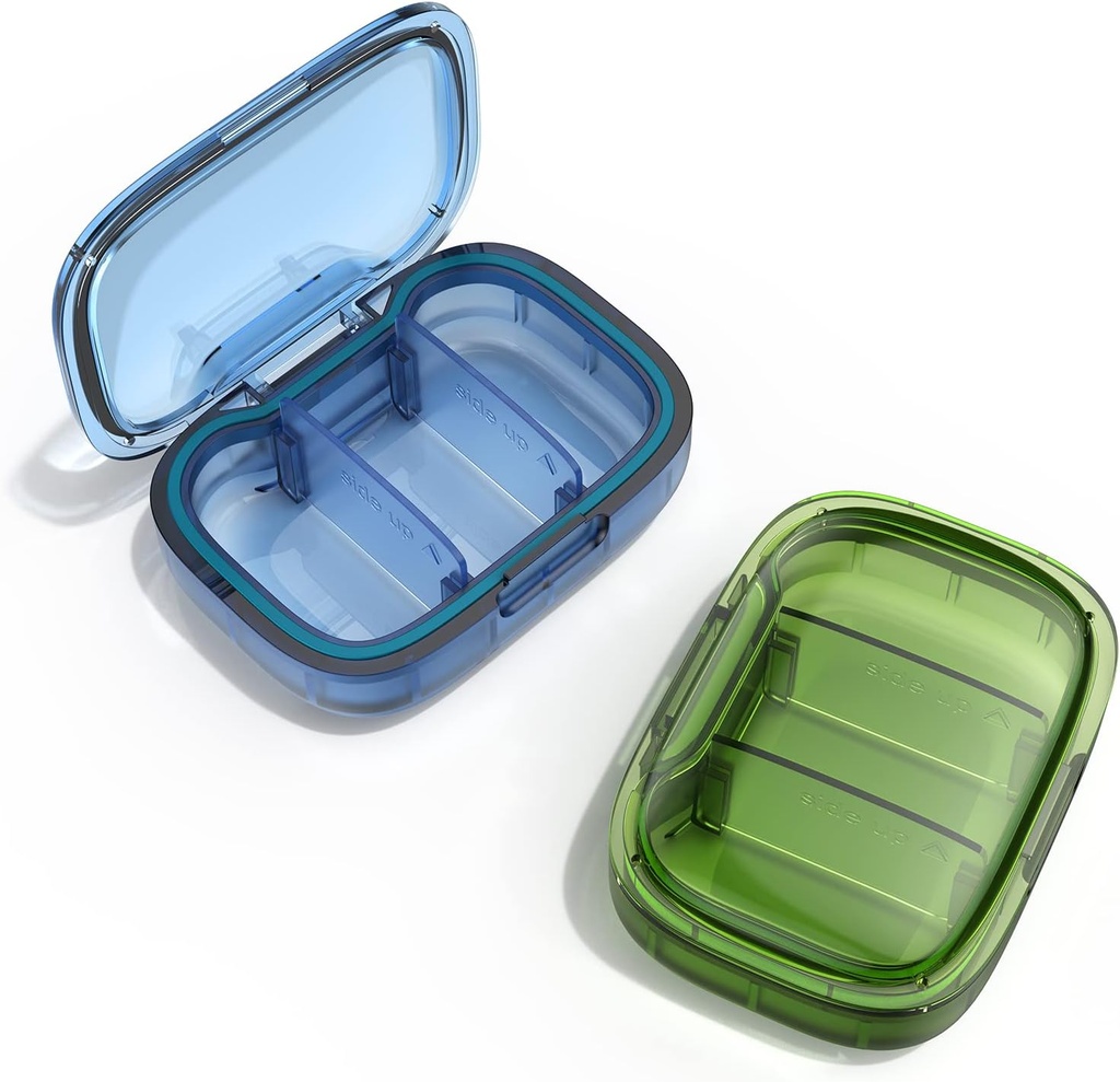 2 Pack 3 Compartimiento Caja de Píldora Pequeña, Moisture Proof Case, Organizador de Viajes para Pocket Purse, Medicina diaria portable Vitamin Container, Petróleo de Pesca y Almacenamiento de Suplementos