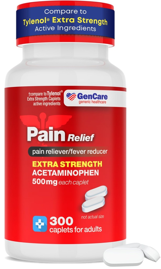 GenCare - Acetaminophen 500mg Extra Strength Pain Relief (300 caplets) - Multi Symptom Pain Reliever for Headache, Sinus, Artritis, Back Pain Muscle Ache, Toothache, Fever Reducer, Migraine