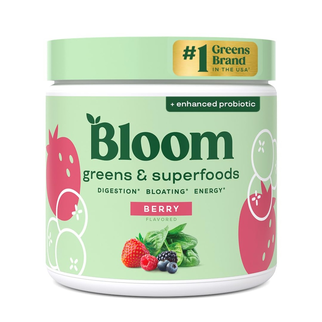 Bloom Nutrition Superfood Greens Powder, Enzymes Digestivos con Probióticos y Prebióticos, Gut Health, Bloating Relief for Women, Chlorella, Green Juice Mix with Beet Root Powder, 30 SVG, Berry