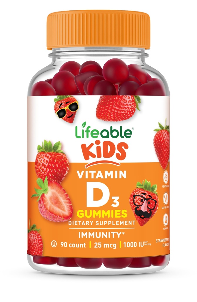 Niños Lifeable Vitamina D Gummies ← Vitamina D3 1000iu ← Gran Tasting Vitamina D3 Gummies Ø D3 Vitamin for Strong Healthy Bones and Immune Support ← Vitamin D for Kids, Boys, Girls  durable 90 Gummies