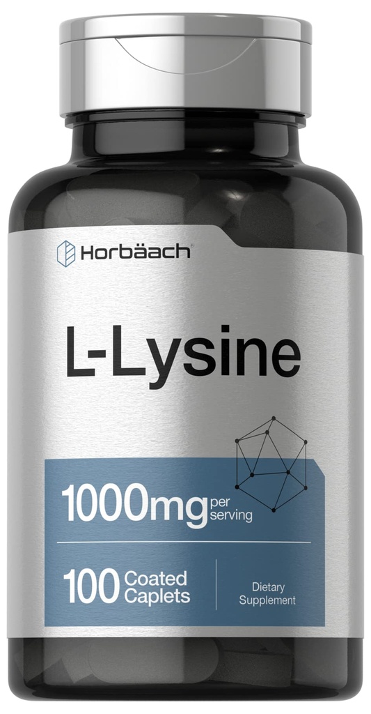 Horbäach L-Lysine 1000mg ← 100 Coated Caplets ← Forma gratuita Suplemento dietético ← Aminoácidos esenciales Silencioso Vegetariano, No GMO, y Fórmula Libre Gluten
