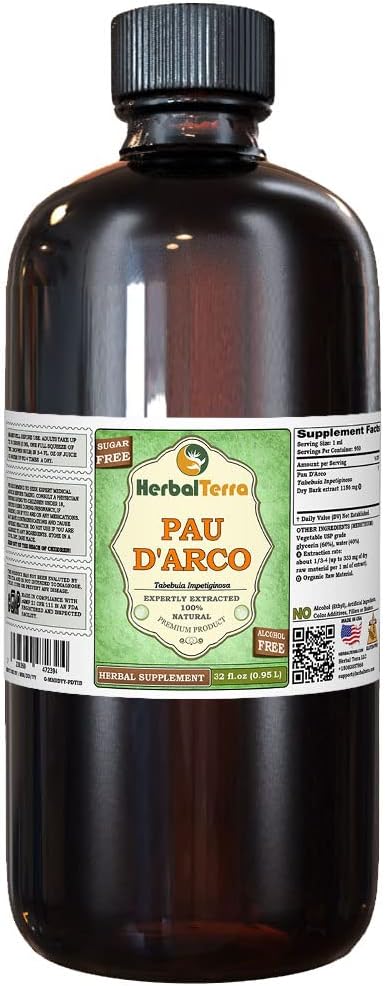 PAU d'arco (Tabebuia Impetiginosa) Glycerite, Barco seco Extracto líquido libre de alcohol (Marca comercial: HerbalTerra, Proudly Made in USA) 32 fl.oz (0.95 l)