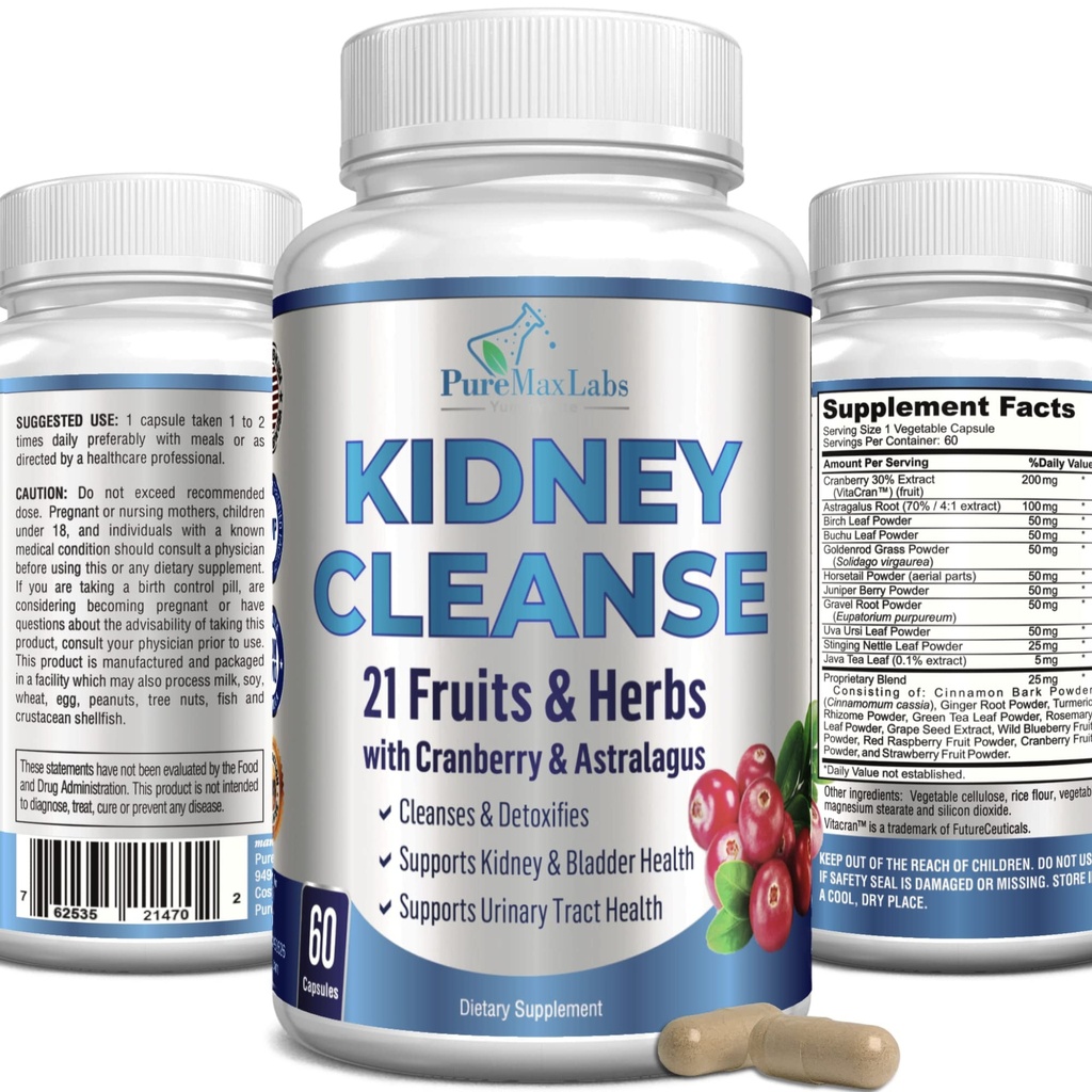 Herbal Kidney Cleanse with Cranberry Extract, Astralagus - 21 Fruits & Herbs - Detox &amp; Cleanse Urinary Tract &amp; Bladder Health, Kidney Support, 60 Vegan Capsules