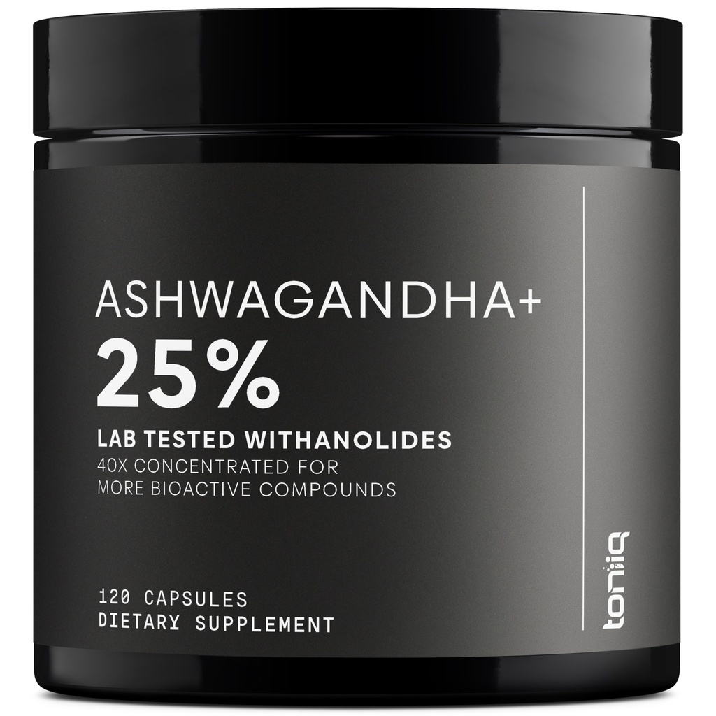 Toniiq Ashwagandha – 40:1 Extracto Concentrado – 25% Conanolidos – Salvaje cosechado en India – Altamente biodisponible con Pepper Negro – Testado de Terceros – 120 cápsulas - 1.300 mg por Serving