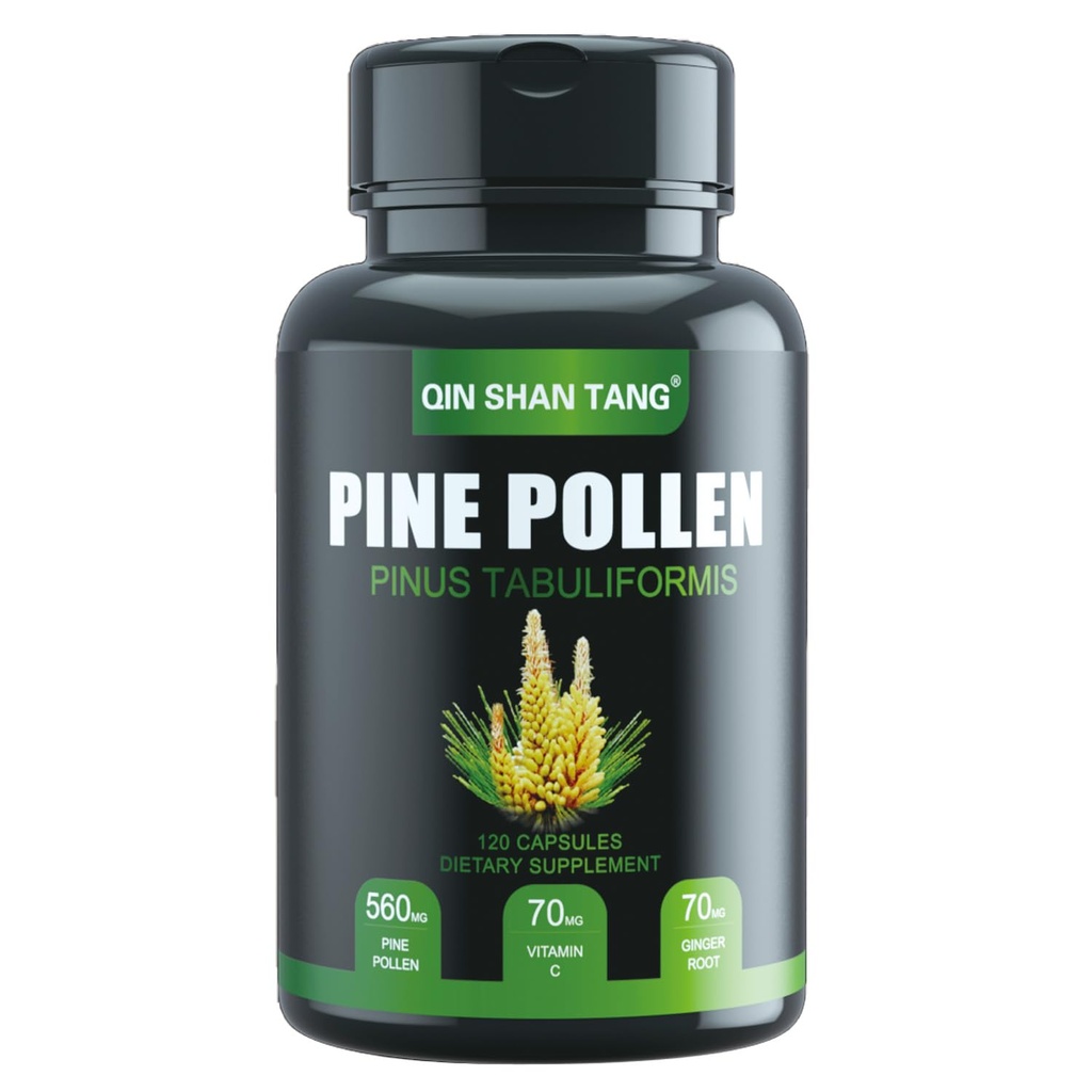 Pine Pollen Suplemento wtih Ginger Root y Vitamina C, 99% Cracked Cell Wall,120 Veggie Capsules,Focus ventajaImmune Mejorar para Mujeres y Hombres