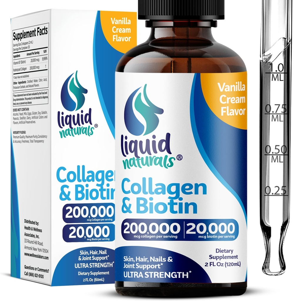 Collagen líquido y biotina, 2 Fl. Oz, suplementos de colágeno ultra-rength para mujeres, biotina testada de terceros para el crecimiento del cabello Mujeres, uñas y vitaminas de la piel B7 Collageno Peptides – Vanilla Flavor