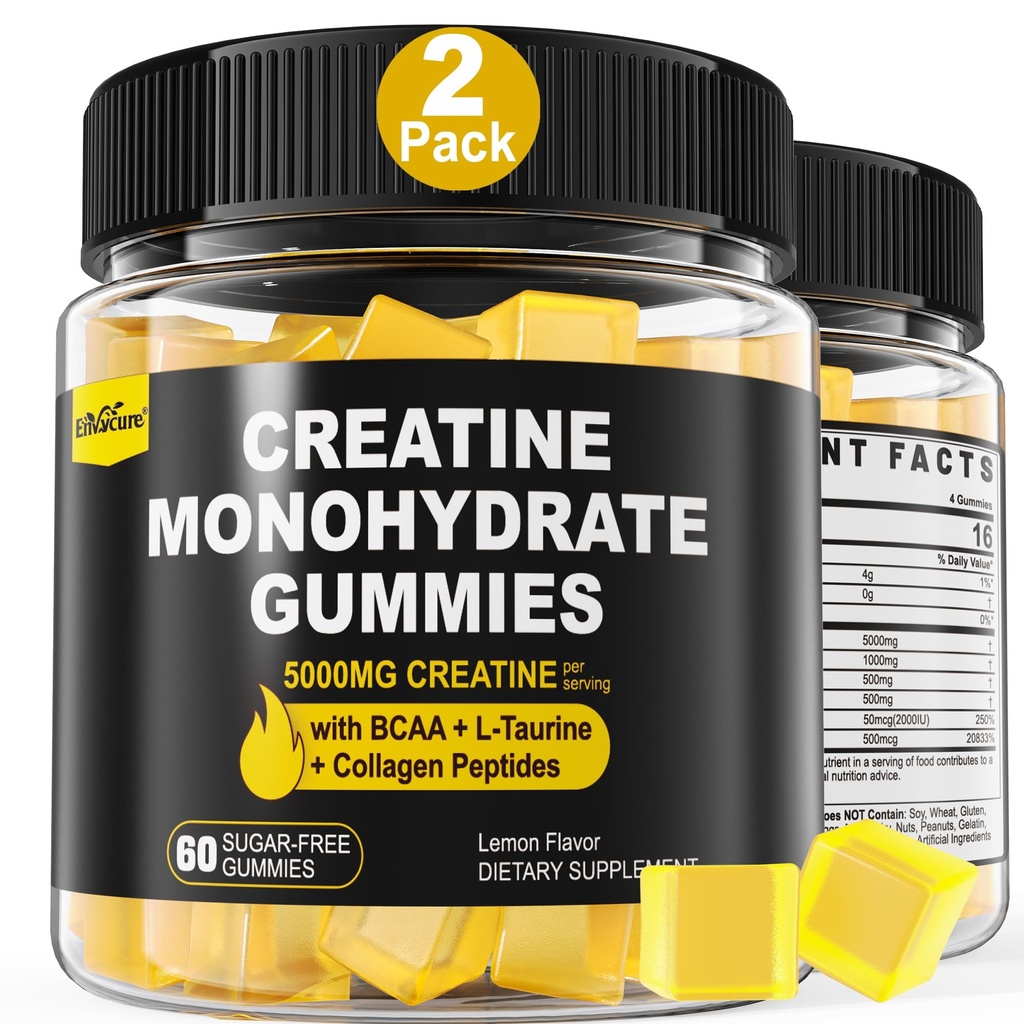 Gummies de Monohidrato de Creatina para Mujeres Hombres - con BCAA, Peptides de Collagen, L-Taurina, Vitamina B12, D3, Chewables Creatina Monohydrate 5g Por Serving, Sabor de limón natural, Sugar Gratis, 2 Pack
